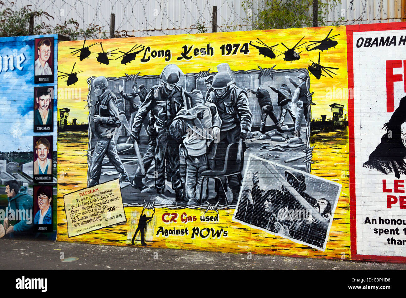 Murale politico di Long Kesh Prison, Falls Road, West Belfast, County Antrim, Irlanda del Nord, Regno Unito. Foto Stock