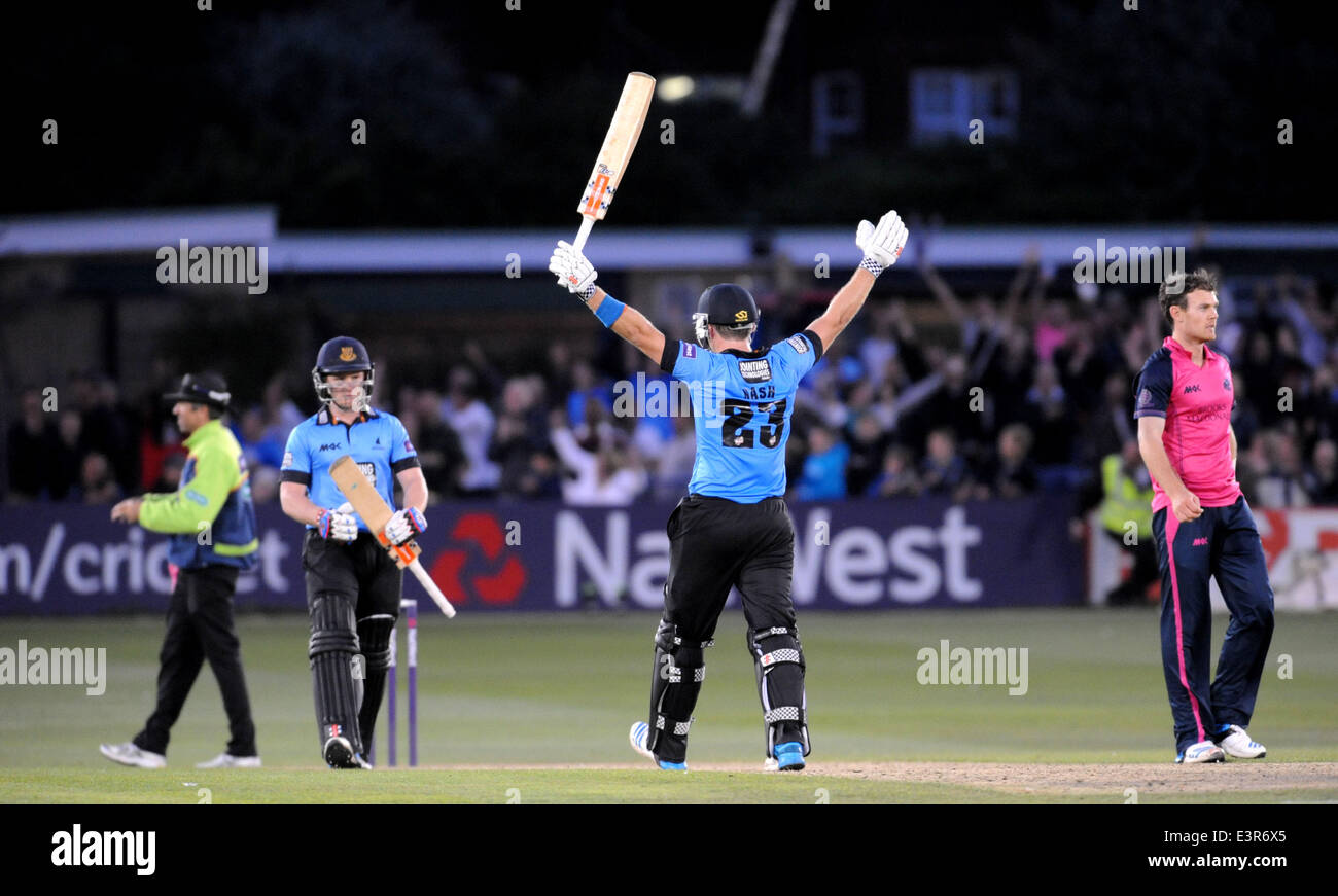 Sussex squali v Middlesex pantere T20 Blast corrispondono a Hove Sussex's Chris Nash solleva le braccia in alto per celebrare la loro vittoria Foto Stock