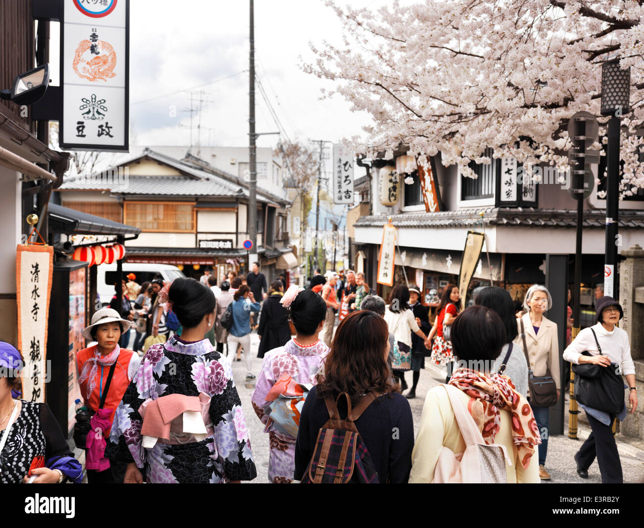 Matsubara-dori street riempito con le persone durante la fioritura dei ciliegi stagione in Higashiyama, Kyoto, Giappone 2014. Foto Stock