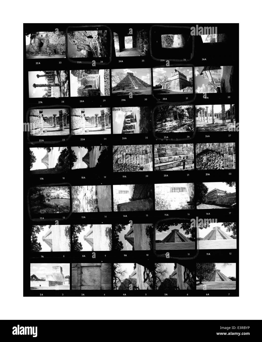 Foglio di contatto di vecchi film in bianco e nero negativi su carta fotografica tradizionale Foto Stock