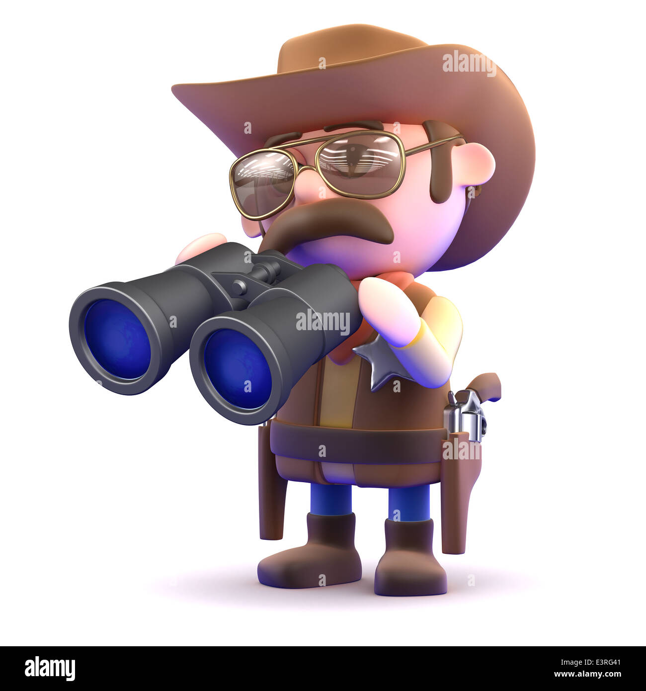 3d Cowboy sceriffo è utilizzando il suo binocolo Foto Stock