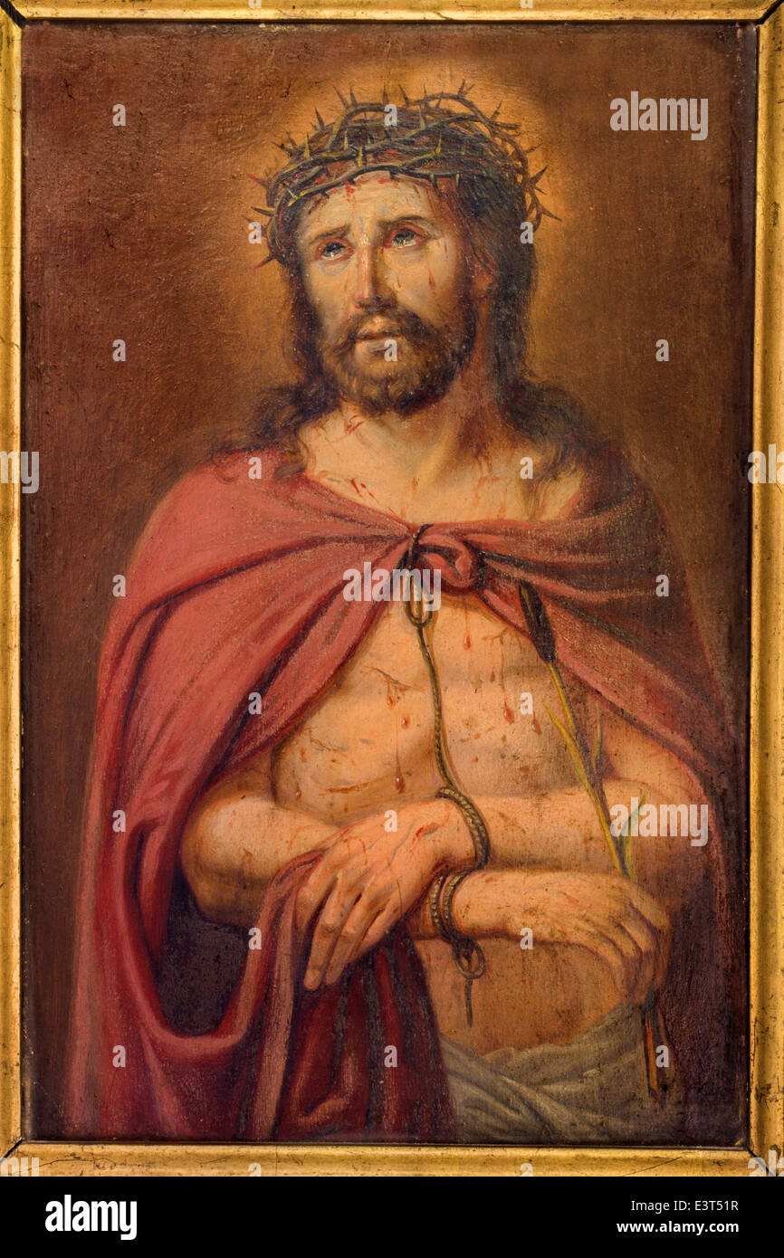 Bruges - little paint di Gesù Cristo nel vincolo dal pittore sconosciuto nella confessione box in st. Giles (Sint Gilliskerk). Foto Stock
