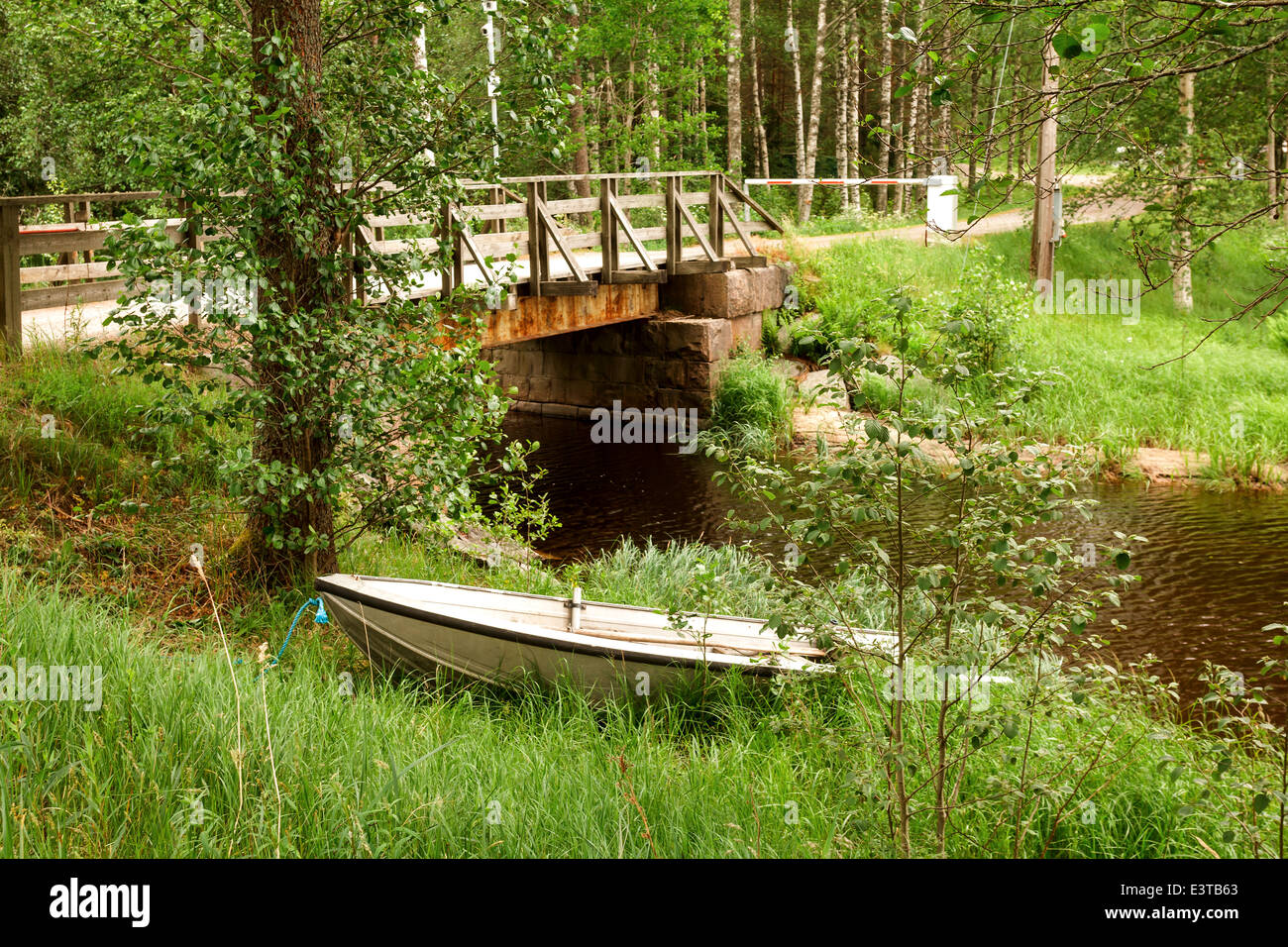 Barca sullo sfondo di erba verde vicino al fiume Foto Stock