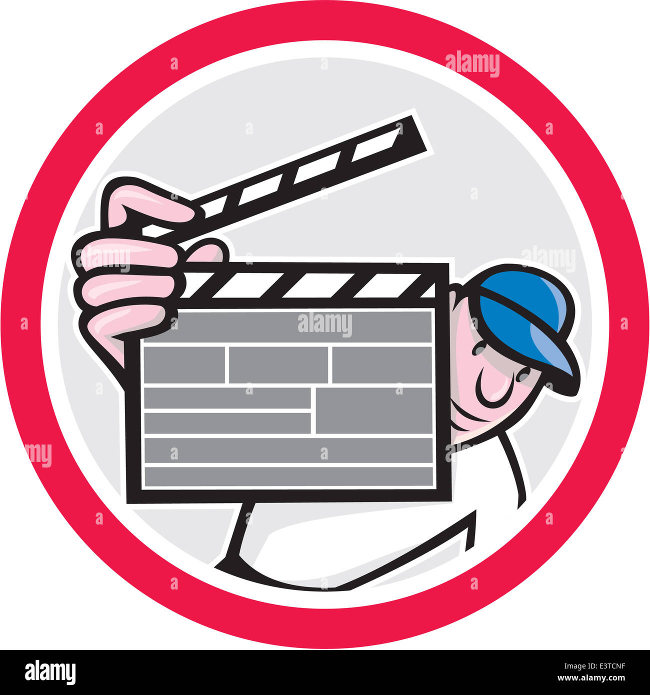 Illustrazione di un regista cinematografica holding appunti insieme all'interno del cerchio fatto isolato su sfondo bianco fatto in stile cartoon. Foto Stock