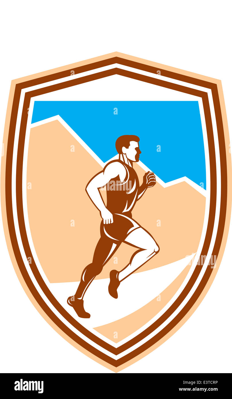 Illustrazione di un maratoneta in esecuzione osservata dal lato impostato all'interno della protezione crest fatto in stile retrò. Foto Stock