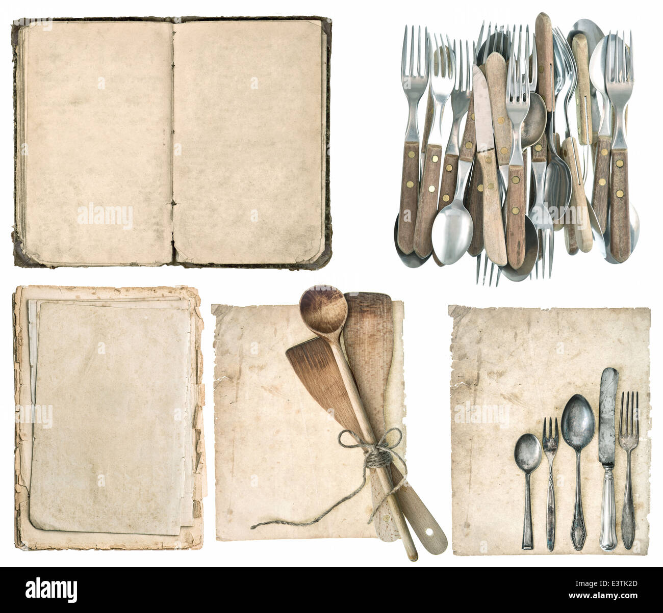 Antichi utensili da cucina e posate in argento e il vecchio cuoco libro isolato su sfondo bianco. Nonna libro di ricette di concetto Foto Stock