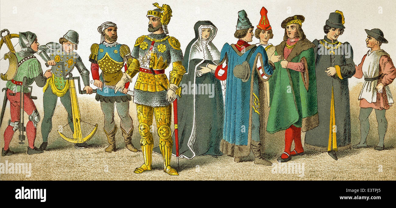 Le figure data di D.C. 1400s. Essi rappresentano il popolo francese: due uomini di balestra, due cavalieri, vedova, quattro uomini di rango, un cittadino. Foto Stock