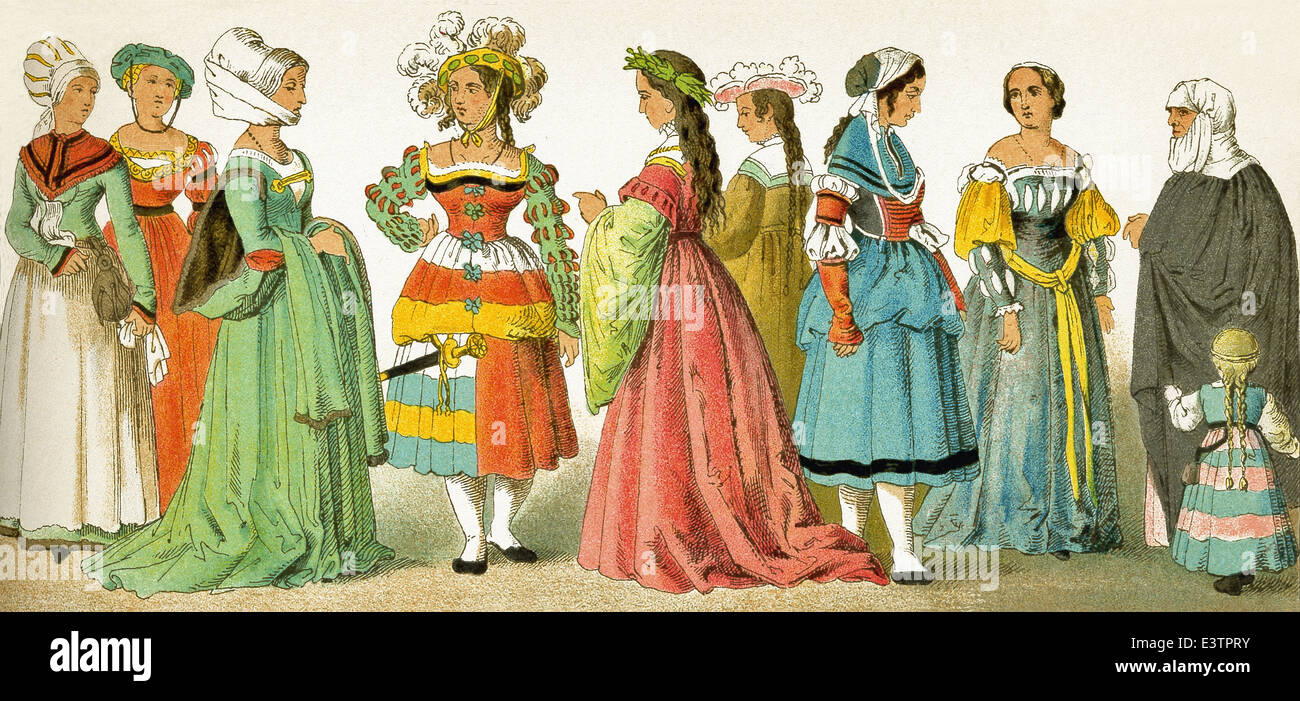Le donne sono qui rappresentate sono tedeschi che data da 1500-1550. L'illustrazione risale al 1882. Foto Stock
