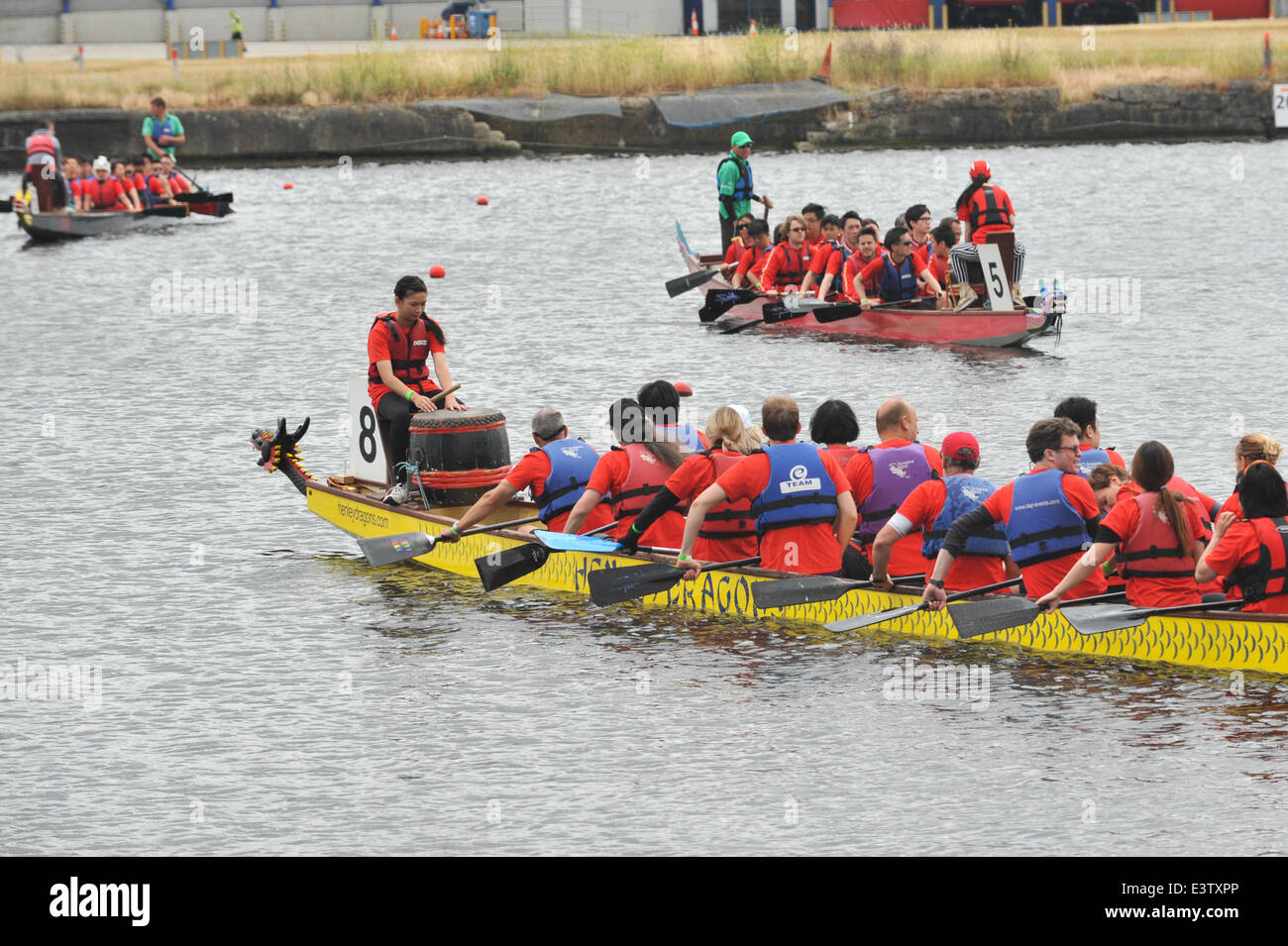 London Regatta Centre e Royal Docks, Londra, Regno Unito. Il 29 giugno 2014. Barche prepae alla gara di Dragon Boat Festival. Credito: Matteo Chattle/Alamy Live News Foto Stock