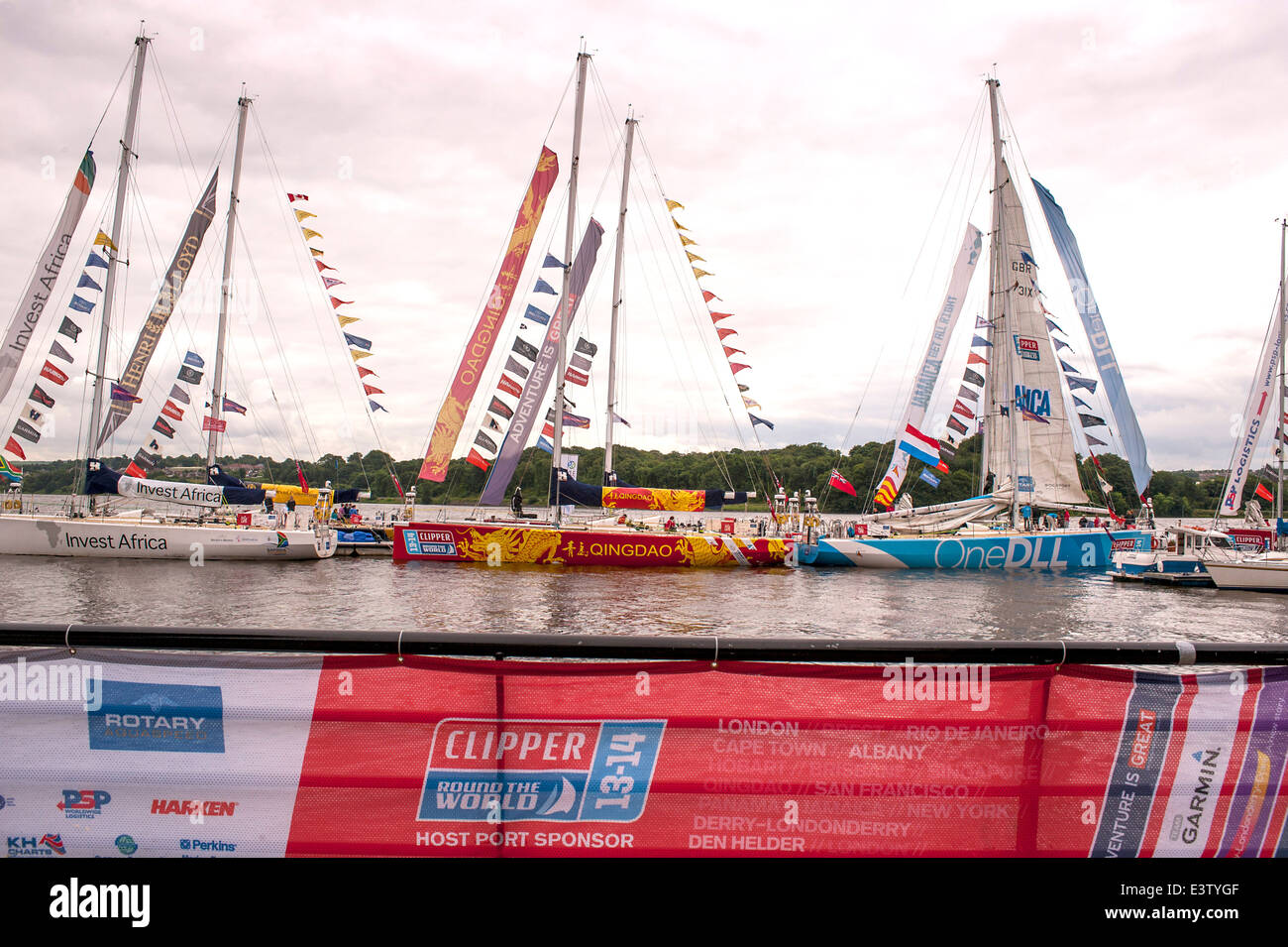 Clippers dal 2013-14 il giro del mondo in barca a vela ormeggiata presso il Lough Foyle Marina, Derry, Londonderry, Irlanda del Nord Foto Stock