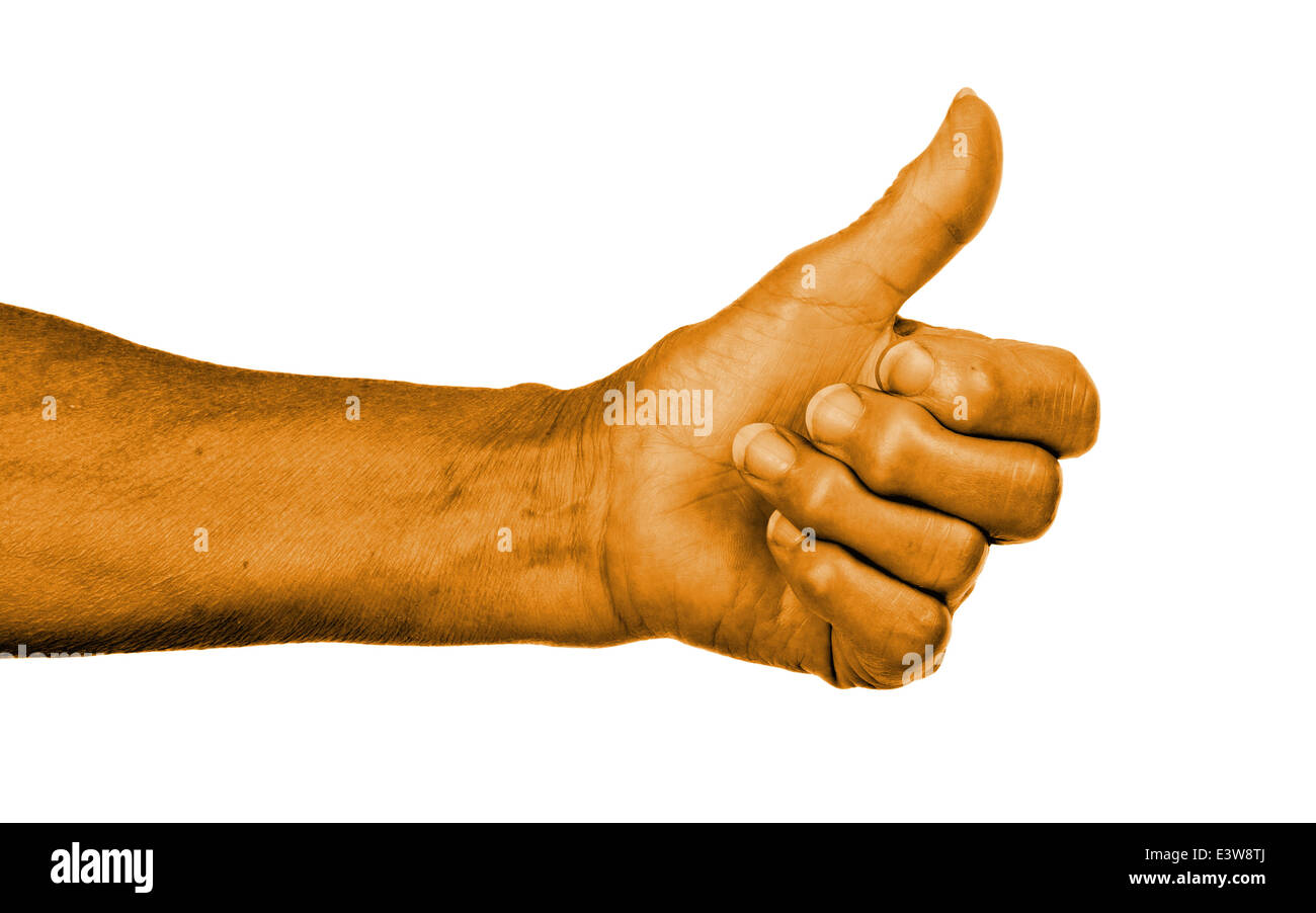 Vecchia donna con artrite dando il pollice in alto segno, pelle di colore arancione Foto Stock