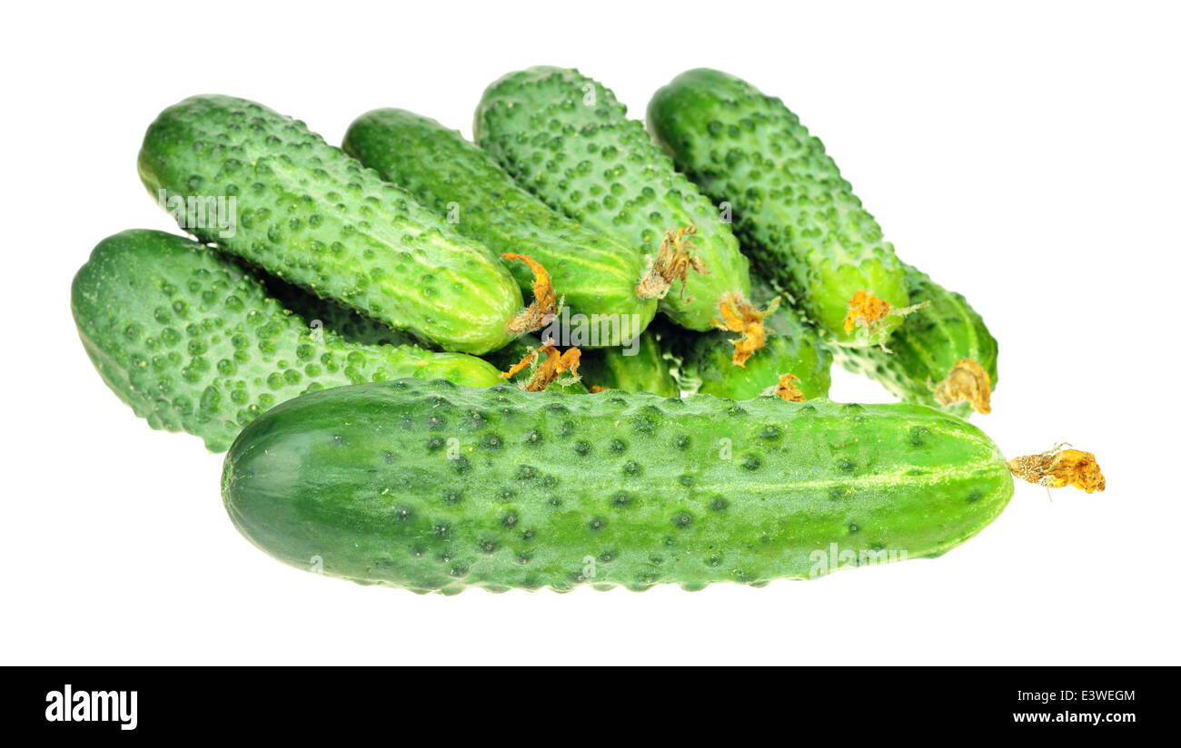 Pila di cetrioli con fiori secchi isolate su sfondo bianco Foto Stock