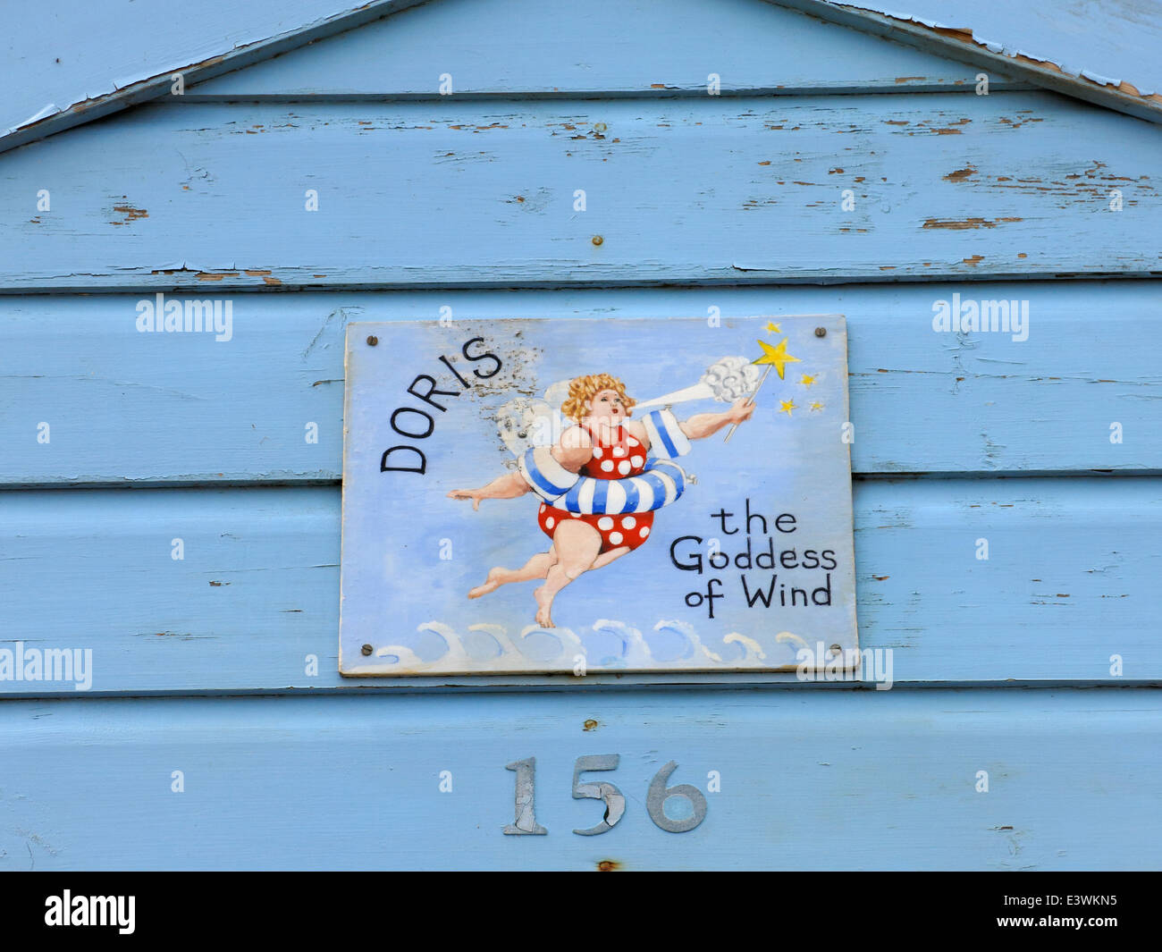 Un divertente beach hut segno. Doris - la dea del vento. Foto Stock