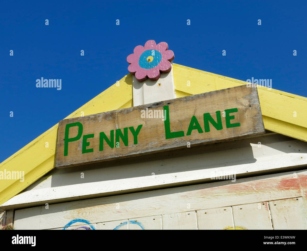 Penny Lane, segno su un beach hut. Foto Stock