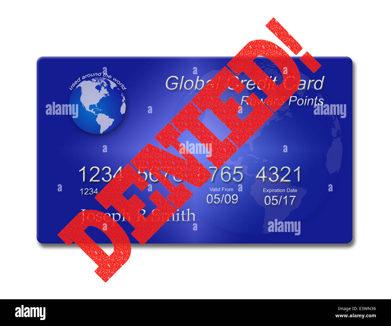 Illustrazione della carta di credito negata con stampigliati attraverso la carta di credito Foto Stock