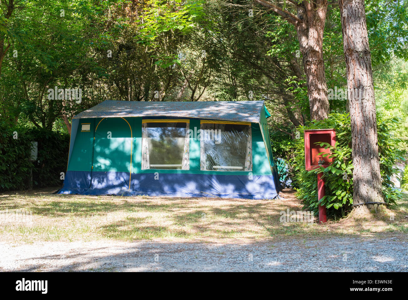Tenda in campeggio tra gli alberi. Luce solare Foto Stock