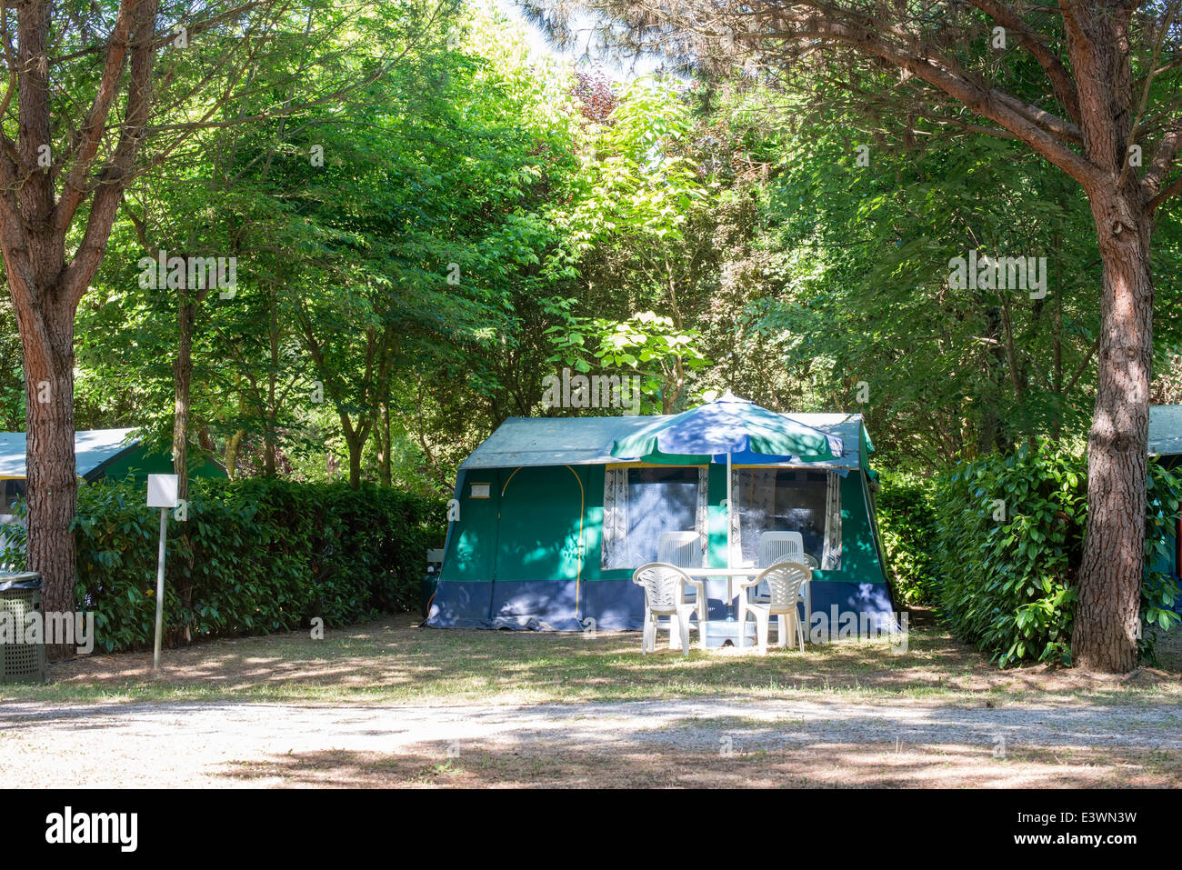 Tenda in campeggio tra gli alberi. Luce solare Foto Stock