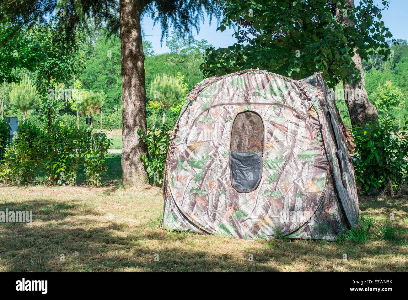 Tenda in campeggio tra gli alberi. Luce solare Foto Stock