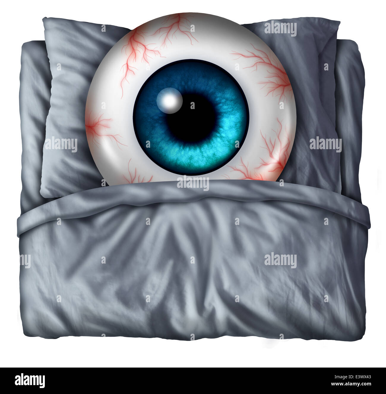 Insonnia e problemi del sonno nozione come un occhio umano sfera con venature rosse in un letto con un cuscino come un simbolo di rischi per la salute di sleepnessness notturna del disordine. Foto Stock