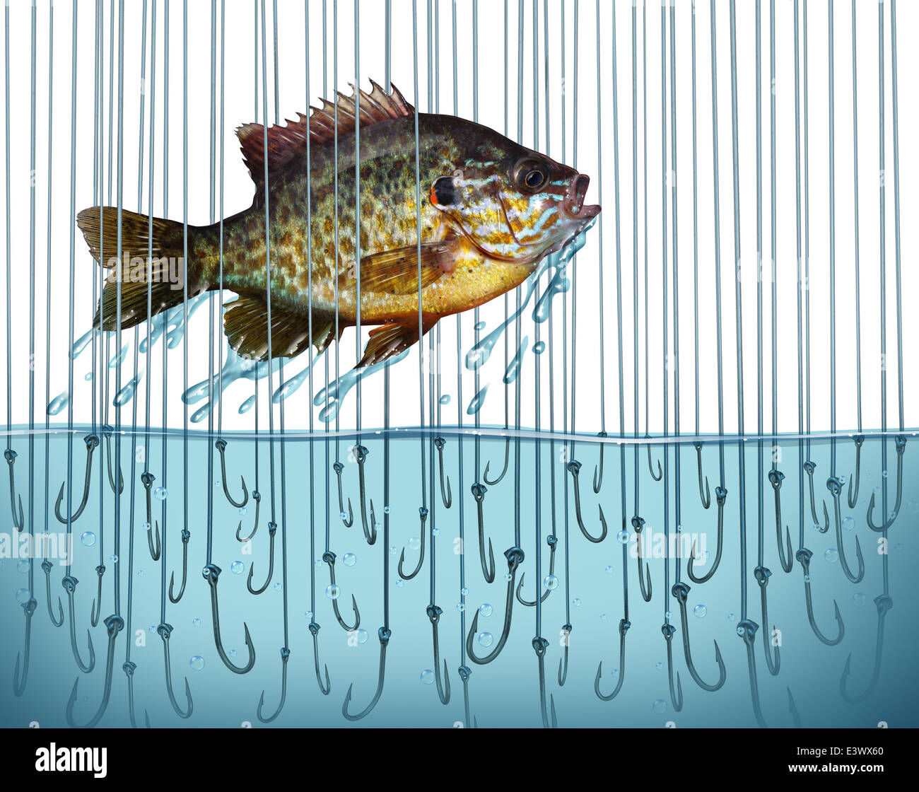 Evitare il rischio di pericolo di fuga come una metafora di business con un pesce di salto libero di rottura al di fuori dell'acqua che è piena di sharp la pesca bai Foto Stock