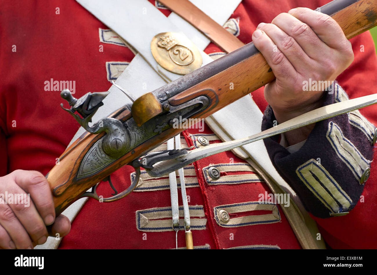 Attore in British Redcoat uniforme della guerre Napoleoniche tenendo premuto 'Brown Bess' flintlock moschetto che mostra la selce e polvere pan. Foto Stock