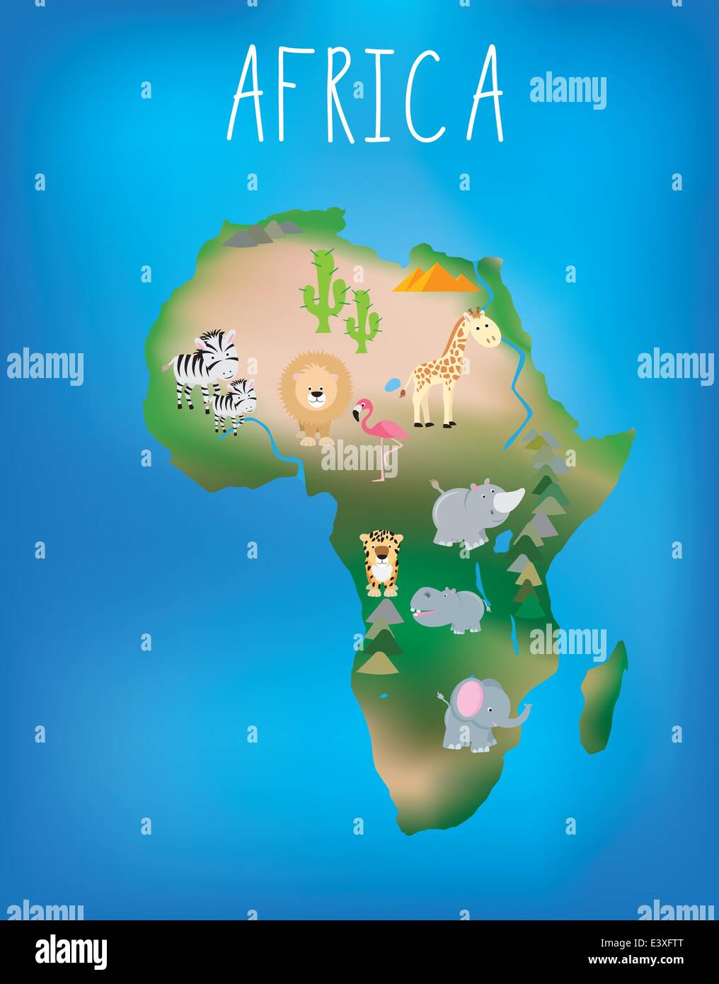 Mondo africano mappa brillantemente illustrati con graziosi child friendly animali Illustrazione Vettoriale