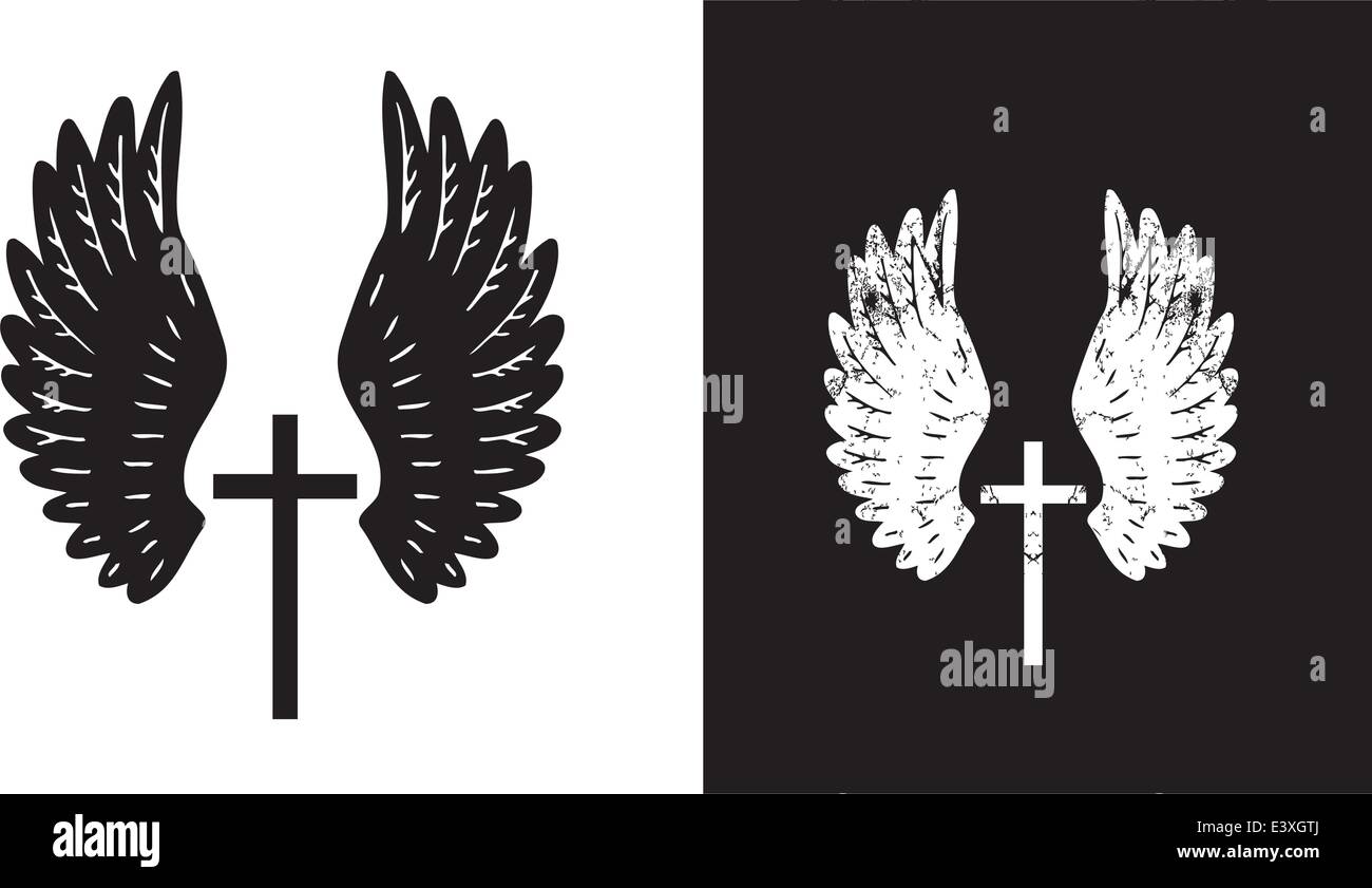 Illustrazione di angoli ali che circonda una croce cristiana Illustrazione Vettoriale