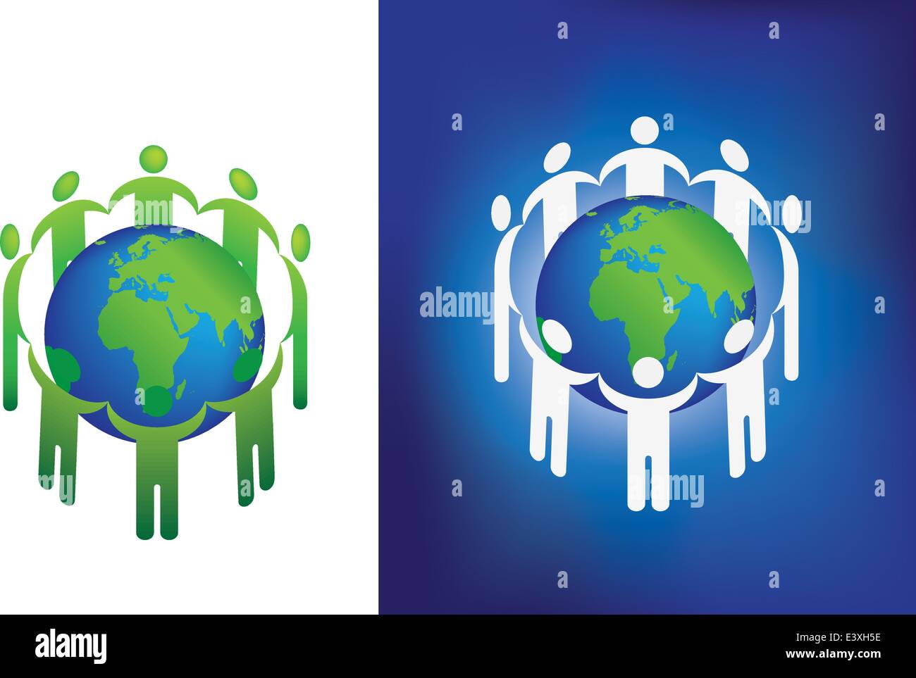 2 illustrazioni vettoriali di un gruppo formante un cerchio attorno alla terra Illustrazione Vettoriale