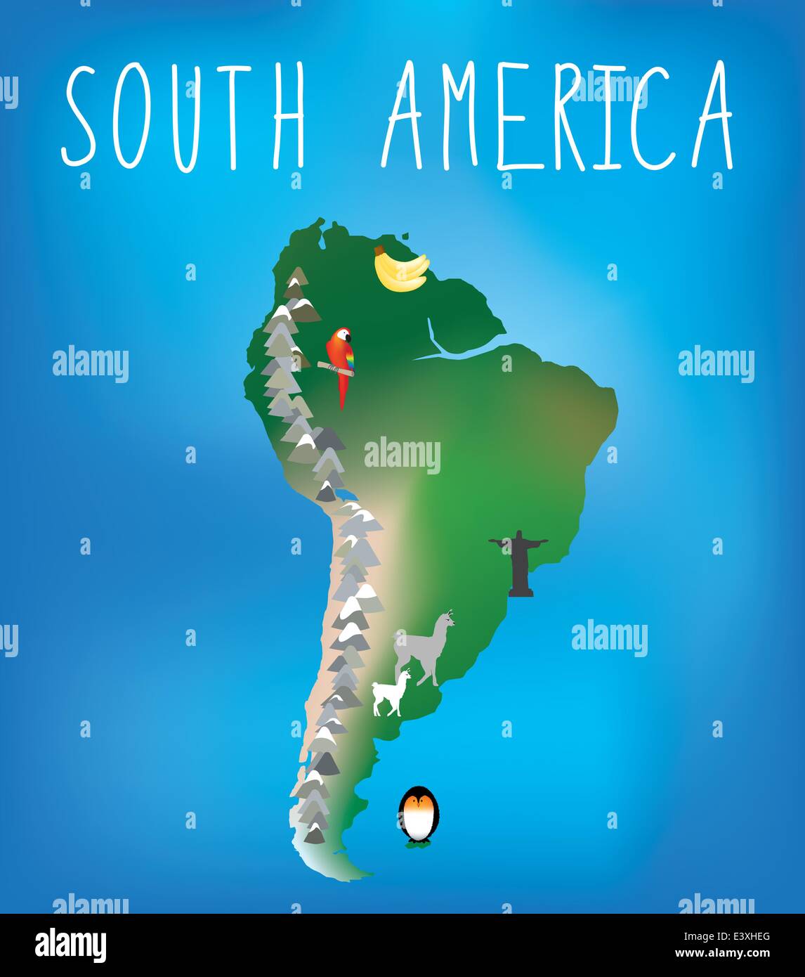 Mappa di Sud America che mostra i luoghi famosi Illustrazione Vettoriale