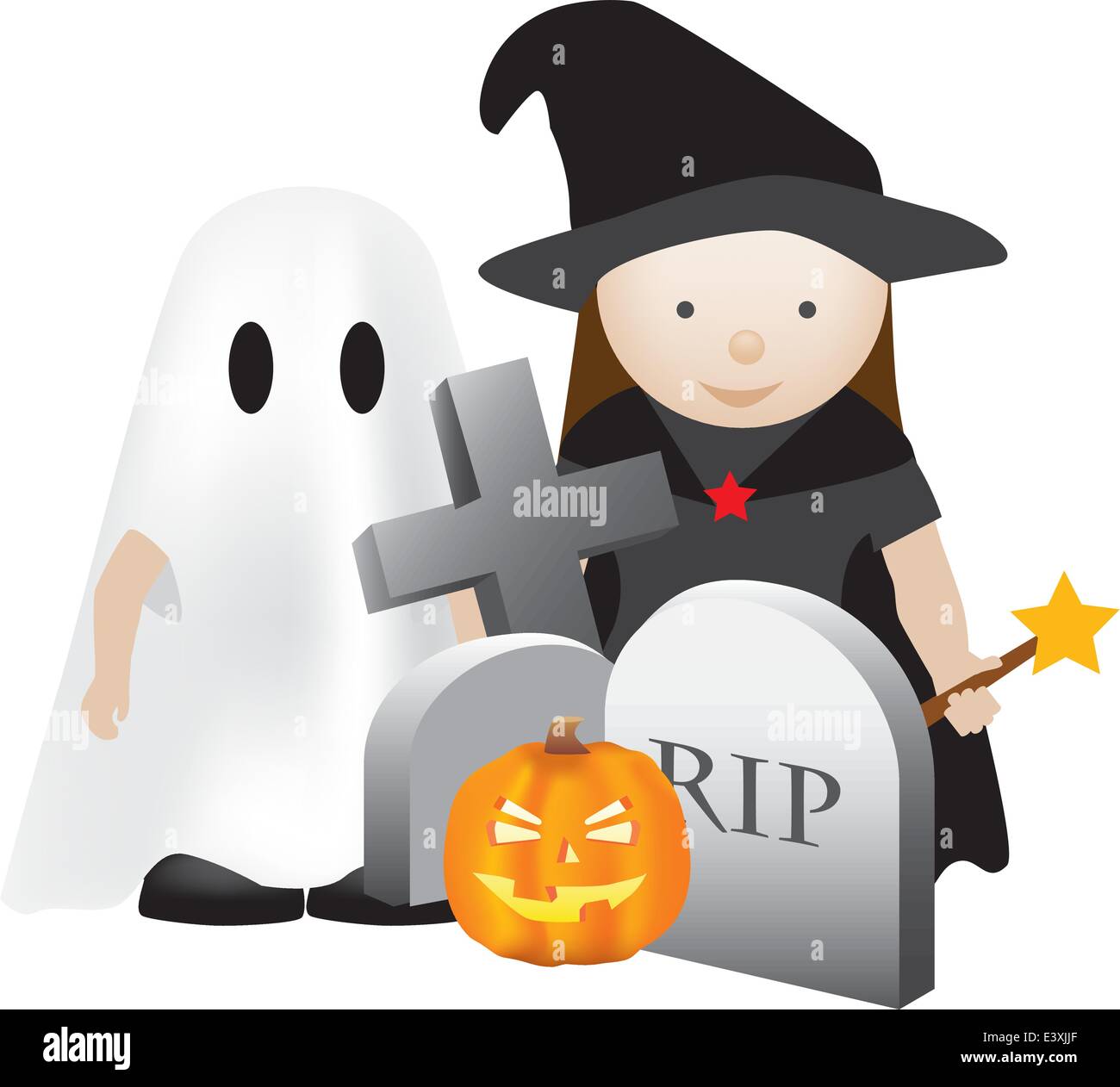 Scena di halloween con i bambini come fantasmi e streghe Illustrazione Vettoriale