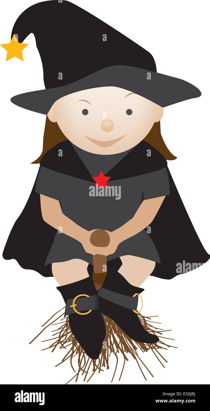 Personaggio dei fumetti illustrazione di un bambino sorridente a volare su una scopa Illustrazione Vettoriale