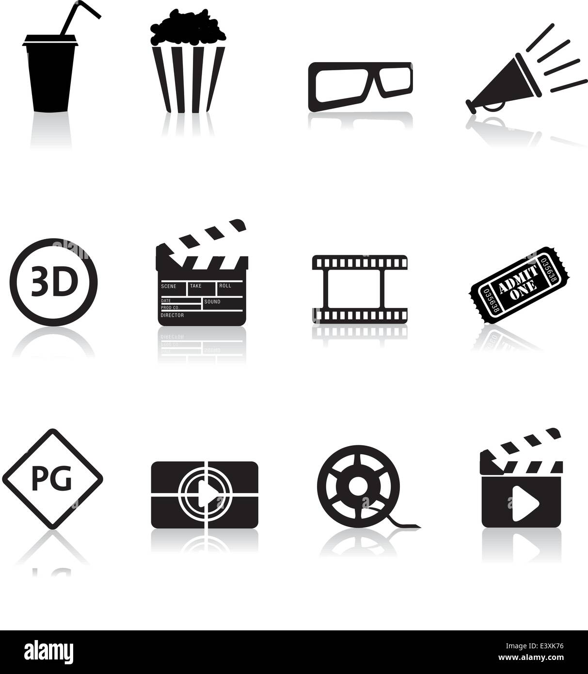 Film e cinema, tipica silhouette nera i pulsanti icona Illustrazione Vettoriale