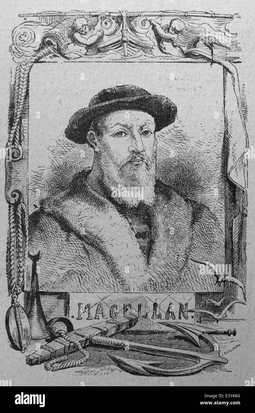 Ferdinando Magellano (1480-1521). L'esploratore portoghese. Led prima spedizione a circumnavigare il globo. Incisione. Foto Stock