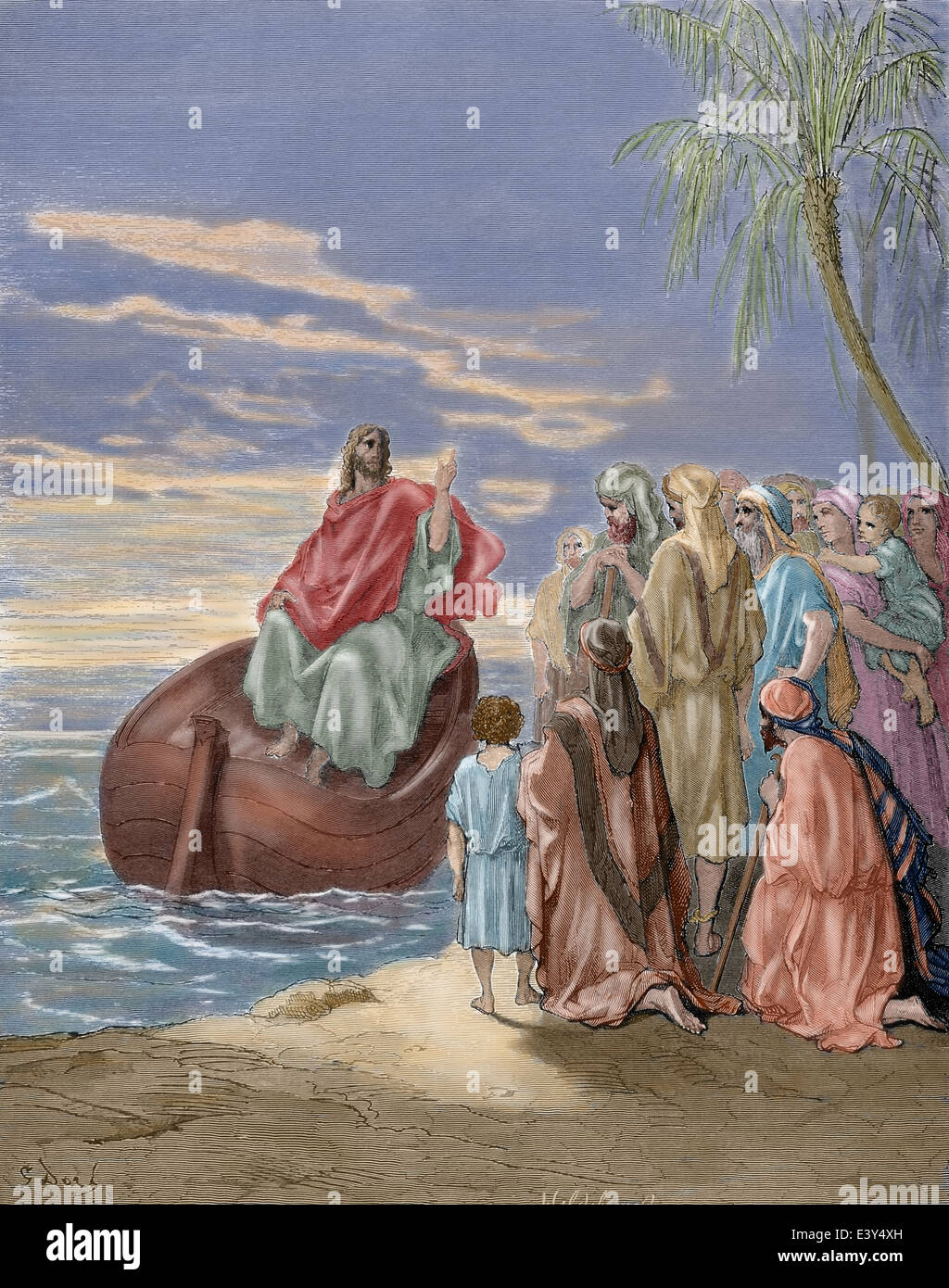 Il Nuovo Testamento. La predicazione di Gesù nel mare di Galilea. Vangelo di Luca. Gustave Dore disegno. Incisione. Colorati. Foto Stock