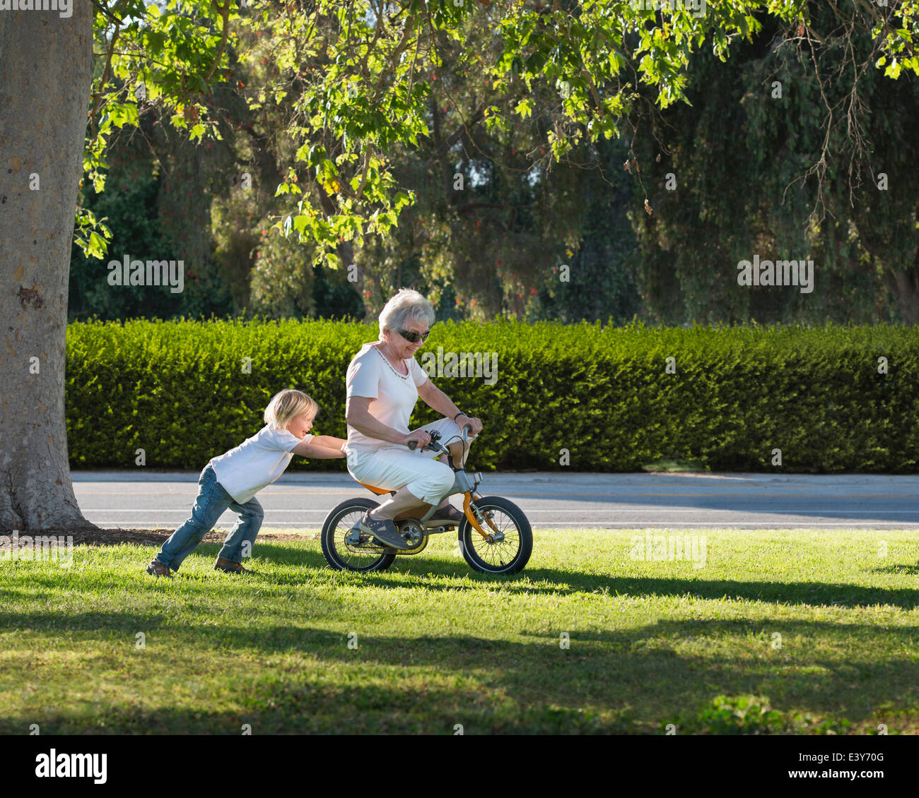 Tre anni di vecchio ragazzo spingendo la nonna sul ciclo in park Foto Stock