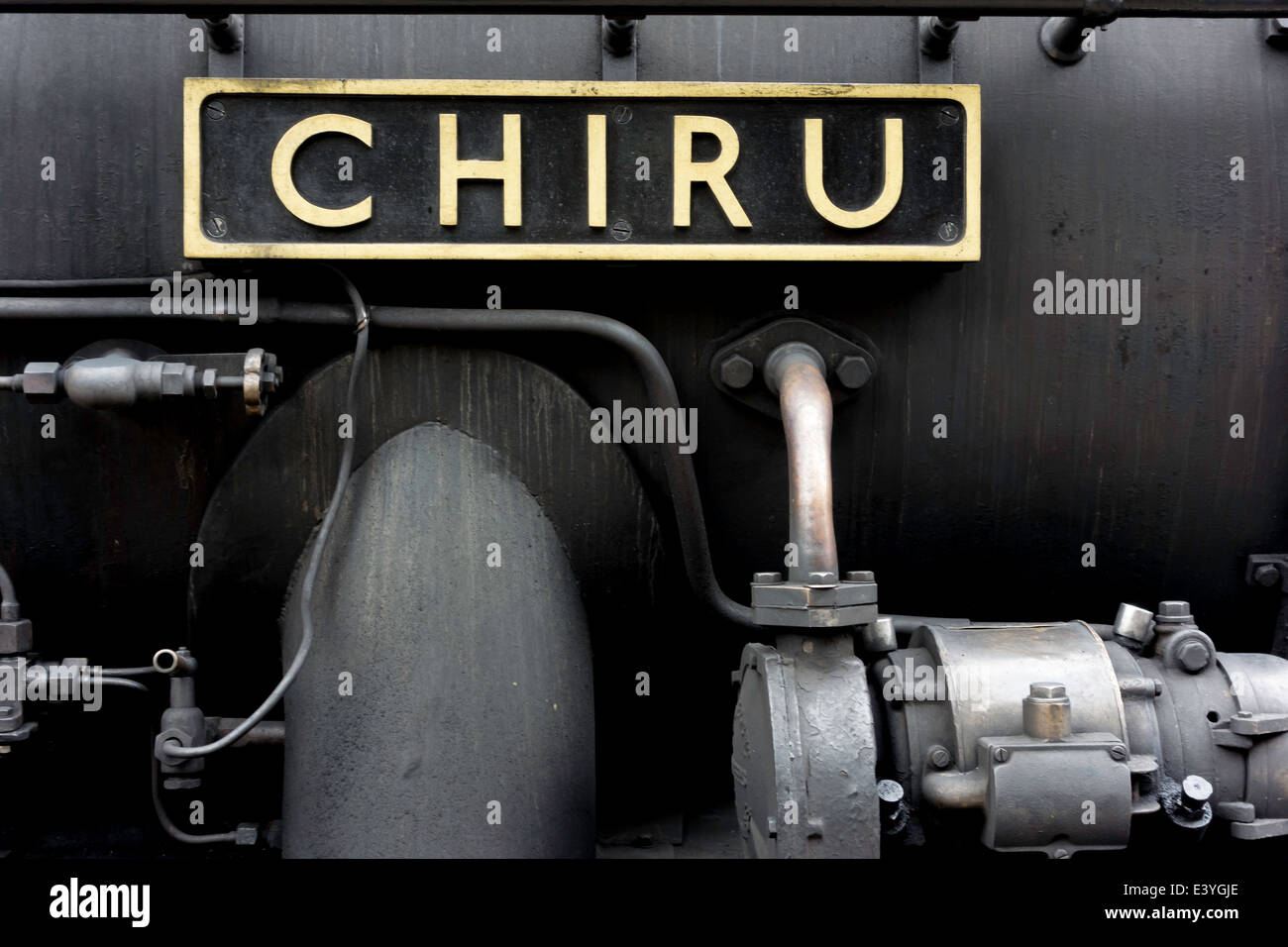 NYMR giugno 2014 sulla targa dati della classe B1 locomotiva a vapore n. 61264 dissimulata come no. 61034 CHIRU alla stazione a Goathland Foto Stock