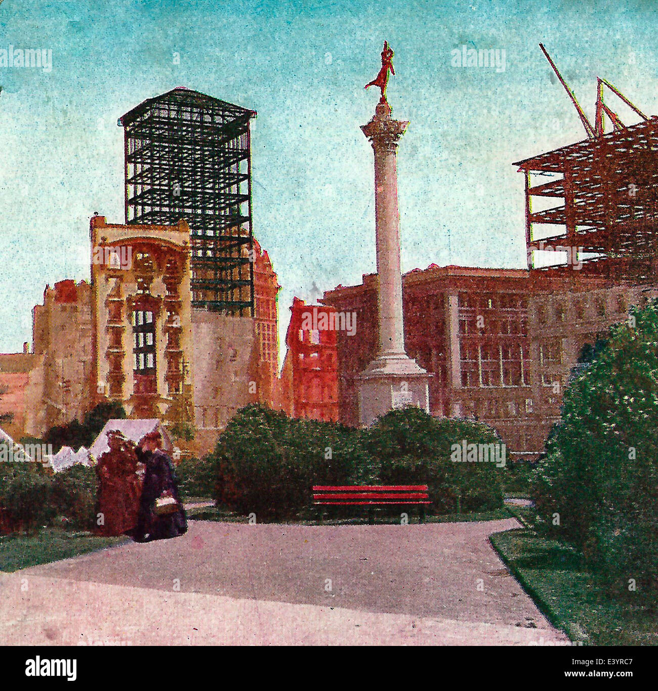 Union Square di San Francisco, mostrando Dewey monumento, la chiamata e Dana edifici dopo il terremoto e fuoco di aprile 1906 Foto Stock