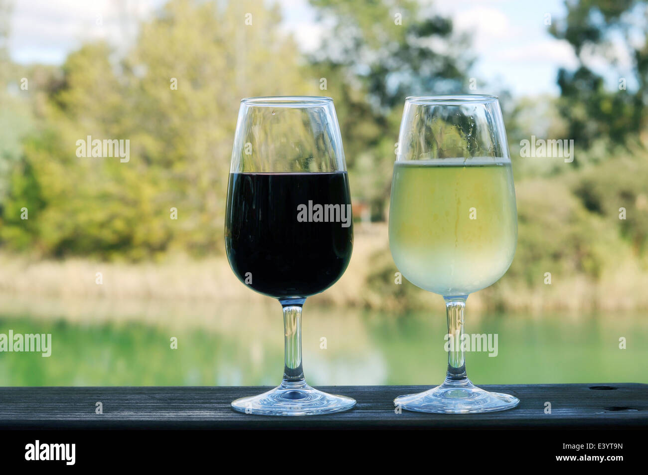 Due bicchieri di vino rosso e bianco, seduto sulla vecchia rampa di legno affacciato sulla campagna Australiana alberi e stagno in background. Foto Stock