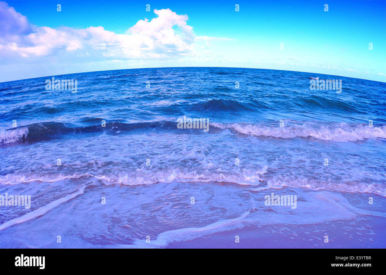 Affacciato sulla spiaggia dell'oceano attraverso la lente fisheye. Foto Stock