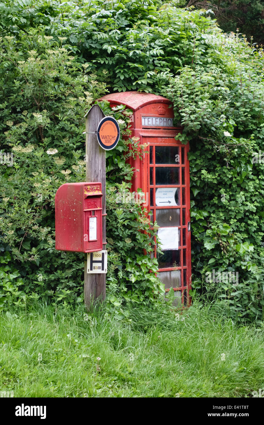 Un vecchio telefono rosso chiosco in Herefordshire, UK, quasi perso nella siepe ricoperta con un Royal Mail postbox Foto Stock
