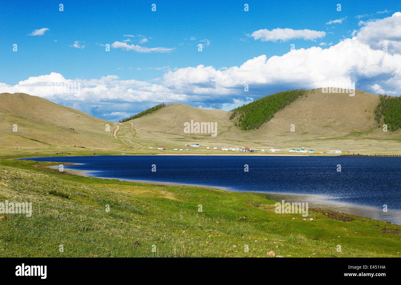 Lago Bianco, Terkhiin Tsagaan Nuur, steppa del Nord, Arkhangai Aimag, Mongolia Foto Stock