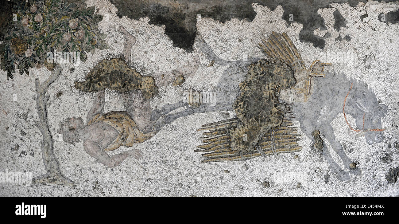 Grande Palazzo Museo dei mosaici. 4a-6a secoli. Dettaglio di un mosaico raffigurante uomo cacciato da un cavallo. Istanbul. La Turchia. Foto Stock
