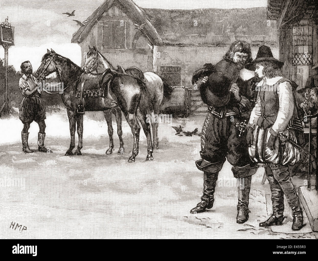 La fuga di Lady Arbella Stuart, vestito come un uomo, dopo la reclusione da Re Giacomo I per sposare William Seymour senza...... Foto Stock