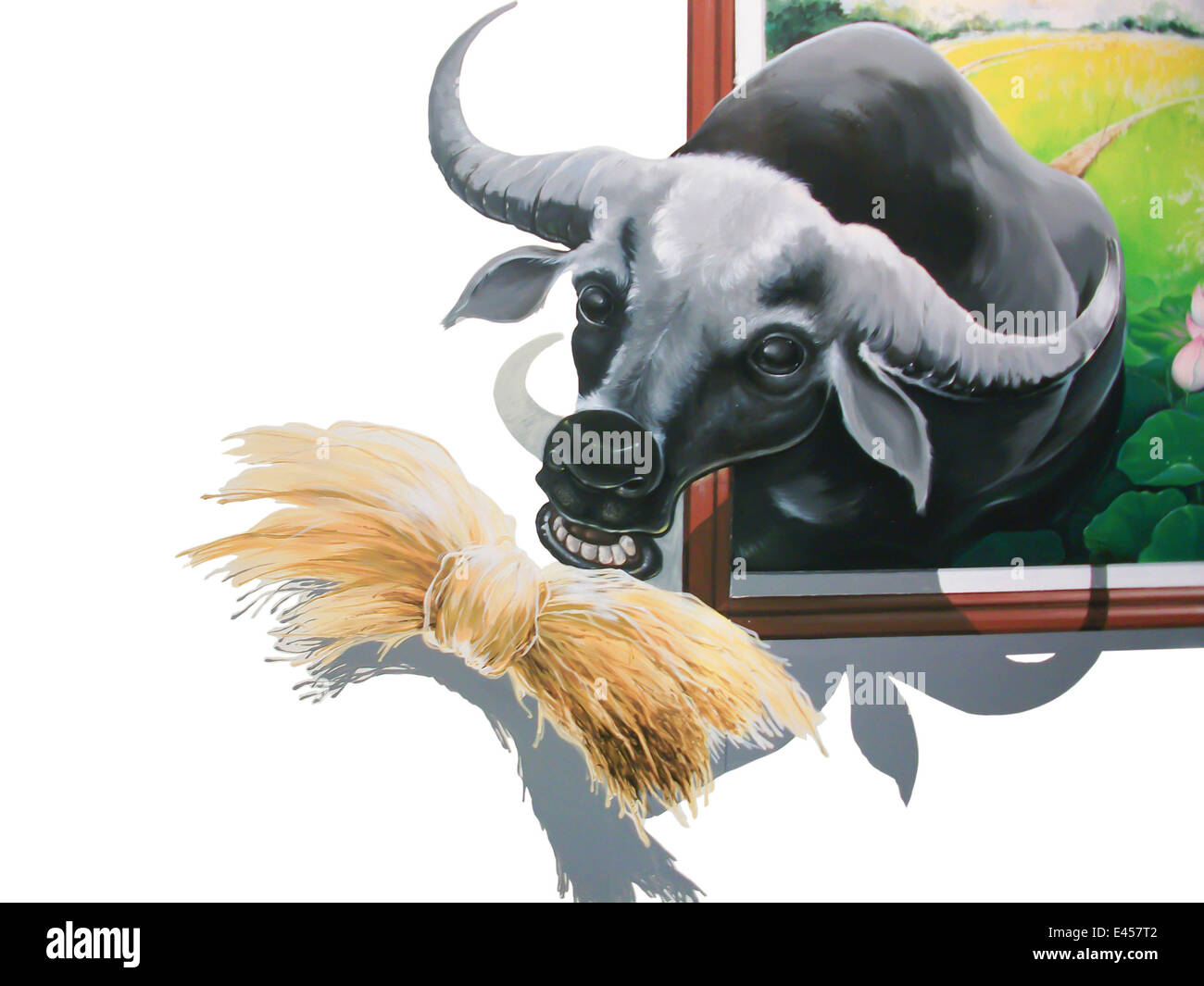 Dipinto di buffalo mangiare paglia Foto Stock