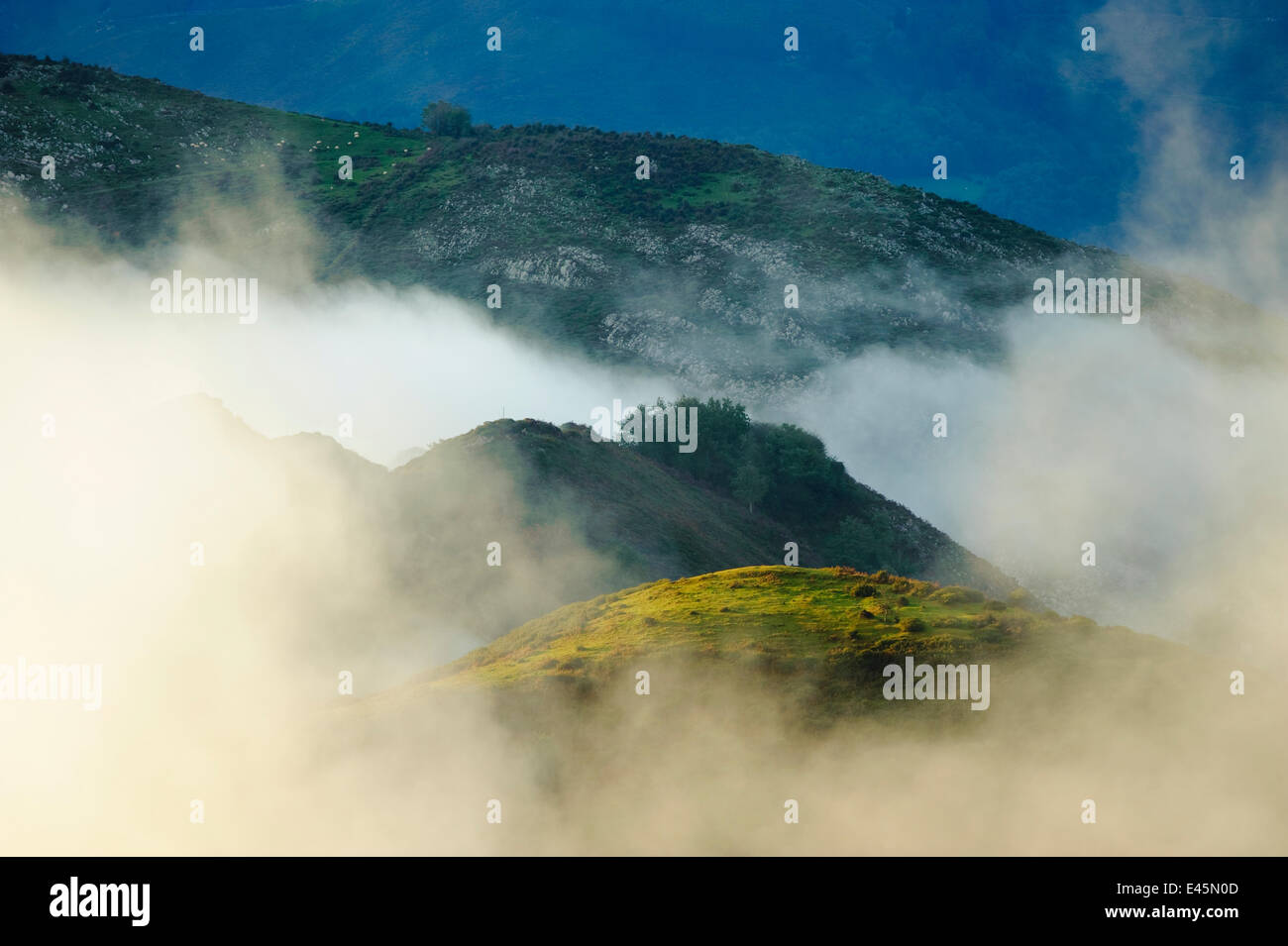 La nebbia tra le montagne. Lagos de Covadonga (Covadonga Laghi) nel Parco Nazionale di Picos de Europa, Cantabria, Spagna. Ottobre 2009 Foto Stock