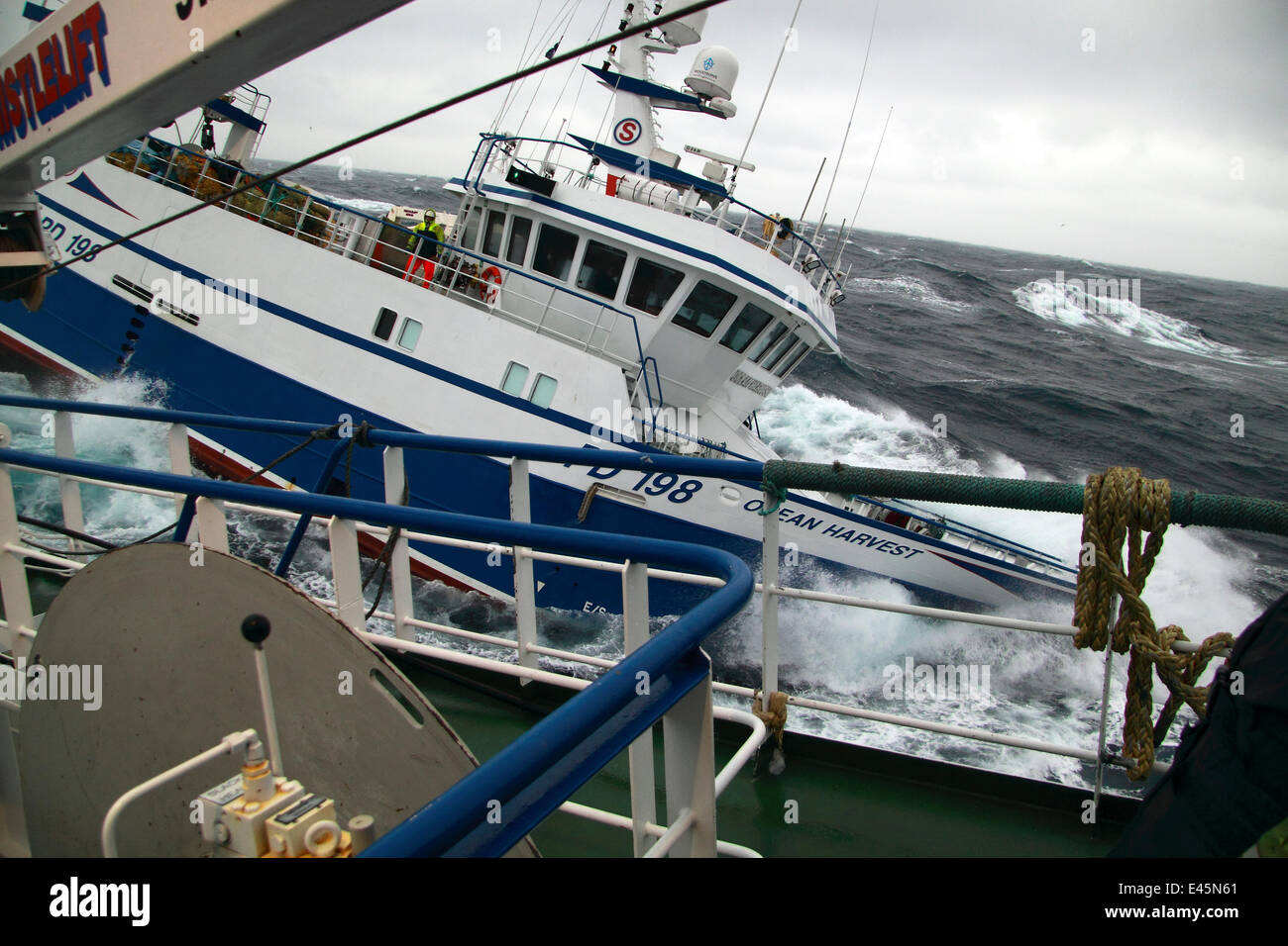 Peschereccio "Ocean Harvest' visto da bordo di coppia trawler, manouvering accanto per passare al di sopra di una rete a strascico. Mare del Nord, febbraio 2010, proprietà rilasciato. Foto Stock
