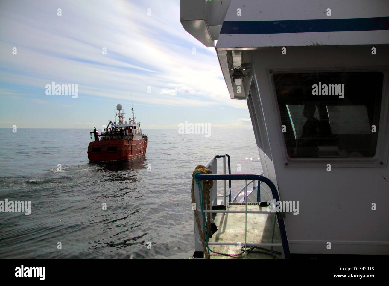Peschereccio " Vela' visto da bordo di 'Harvester', la pesca a strascico in condizioni di acque calme nel Mare del Nord, maggio 2010. Foto Stock