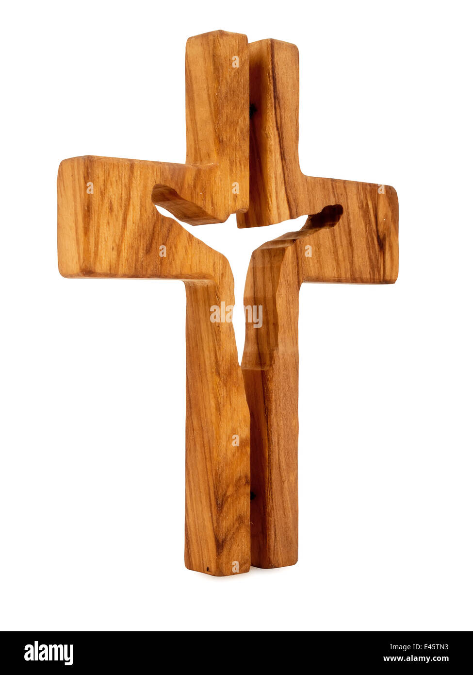 Croce di legno con Gesù isolato su sfondo bianco Foto Stock