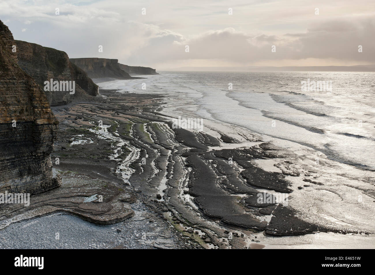 Vista panoramica della costa e geologia, Dunraven Bay, Glamorgan Heritage Costa, Wales, Regno Unito, dicembre 2012. Foto Stock