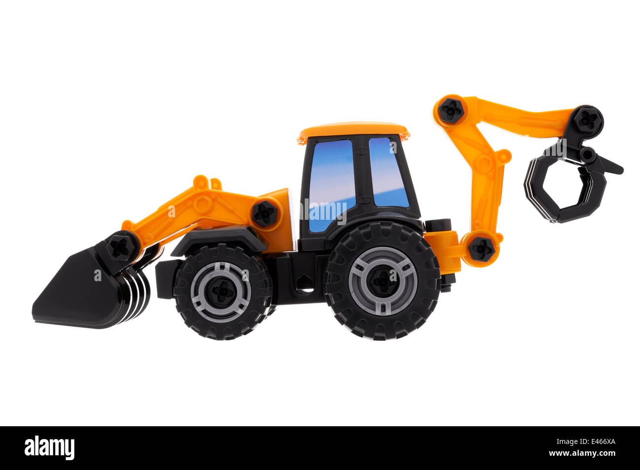 Giocattolo di plastica JCB escavatore del retroescavatore su sfondo bianco Foto Stock